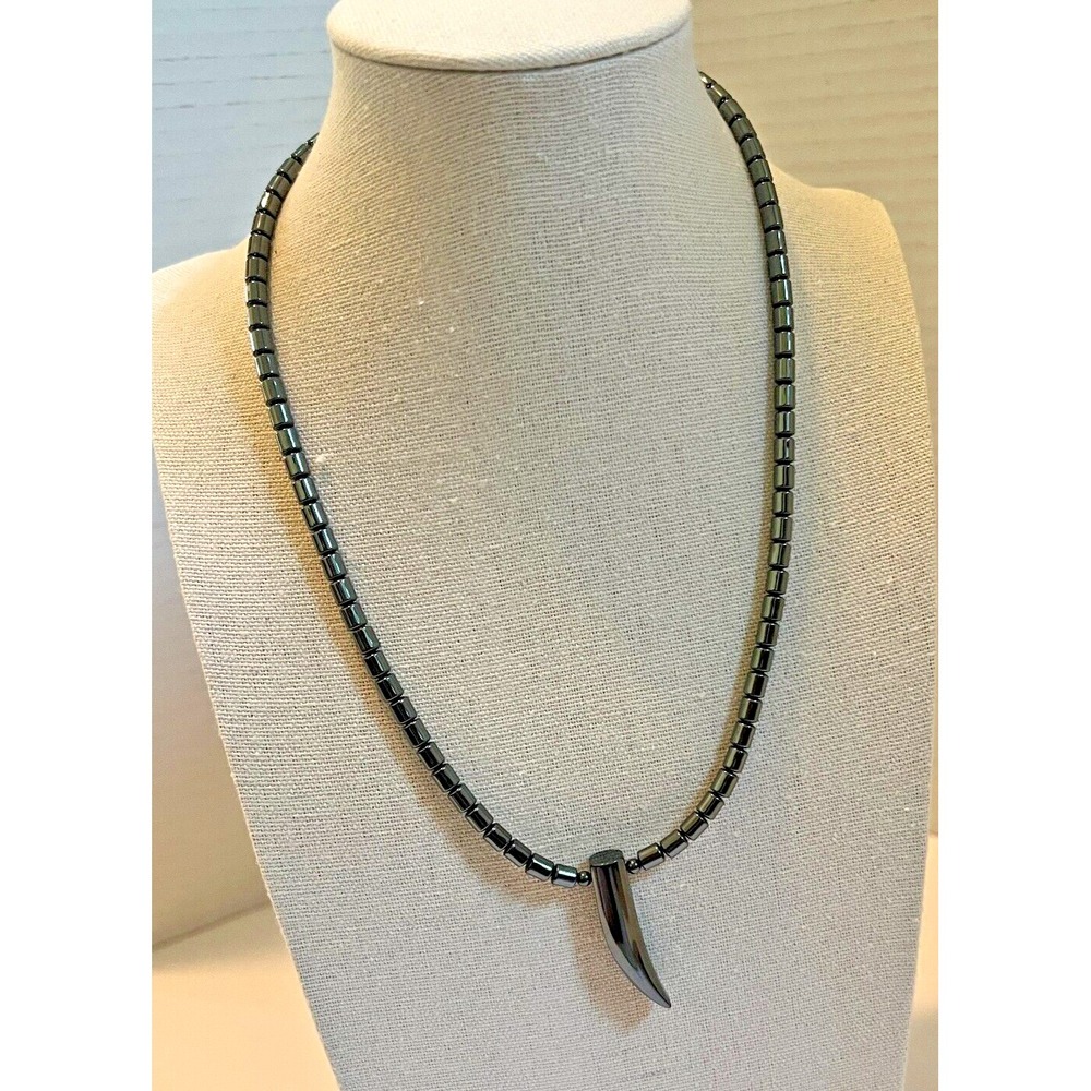 Hematite‎ Tusk Horn Pendant Necklace Magnetic Beads Gunmetal Gray Unisex Tribal